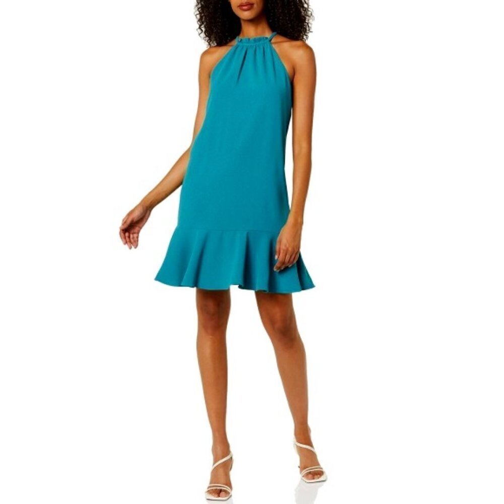 Trina Turk 'Aneeka' Flounce-Hem Sleeveless Halter Dress, Blue Peacock
